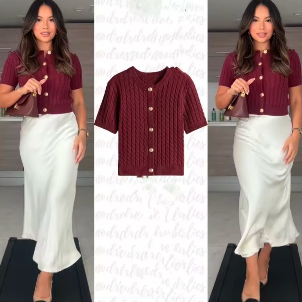 Women's Burgundy Short-Sleeve Cable Knit Cardigan crop